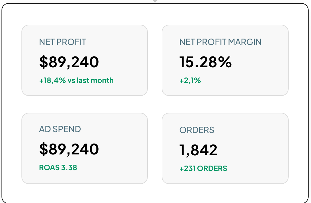 Monthly key highlights — net profit, margin, ad spend, orders